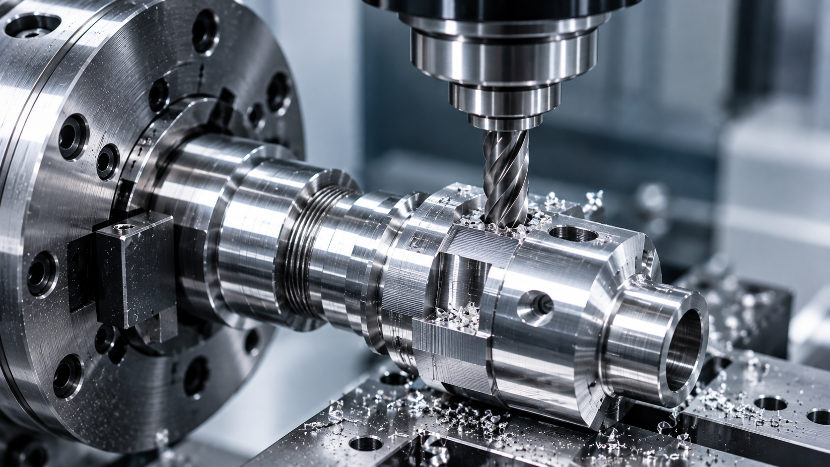 Präzisionsfräsen eines Metallbauteils im CNC-Bearbeitungszentrum